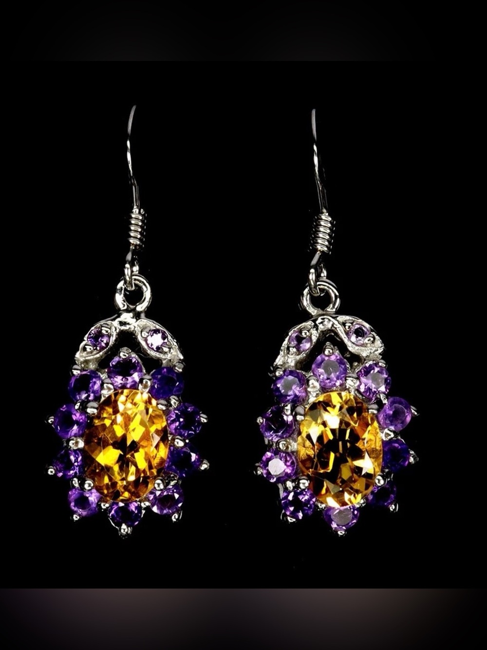 Stunning Natural Citrine 8x6mm with Amethyst 925 Sterling Silver Drop Earrings